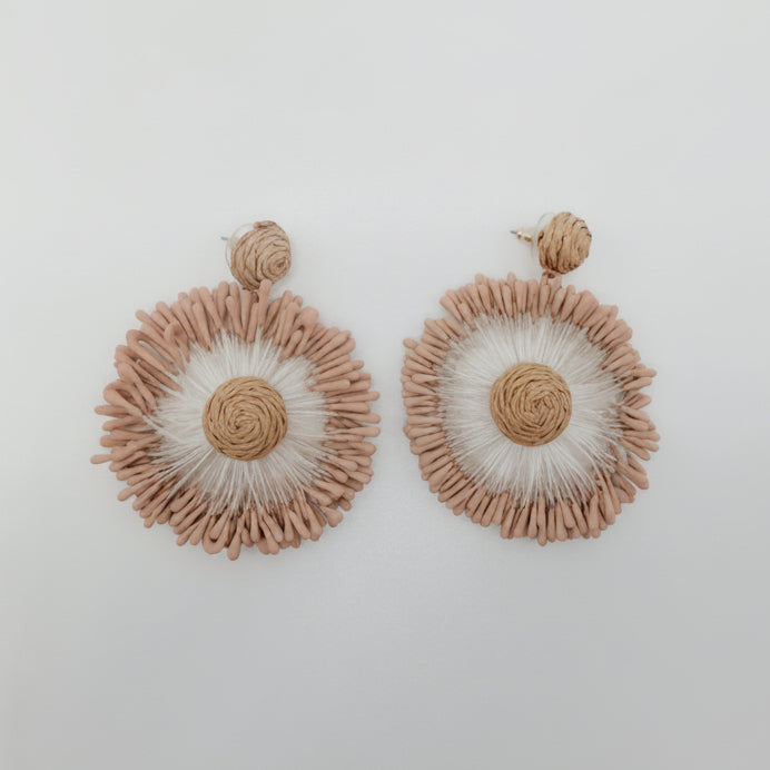 Pair of round earrings with beige and brown design on a light gray background