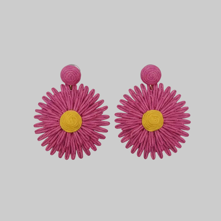Pink flower-shaped earrings on a white background