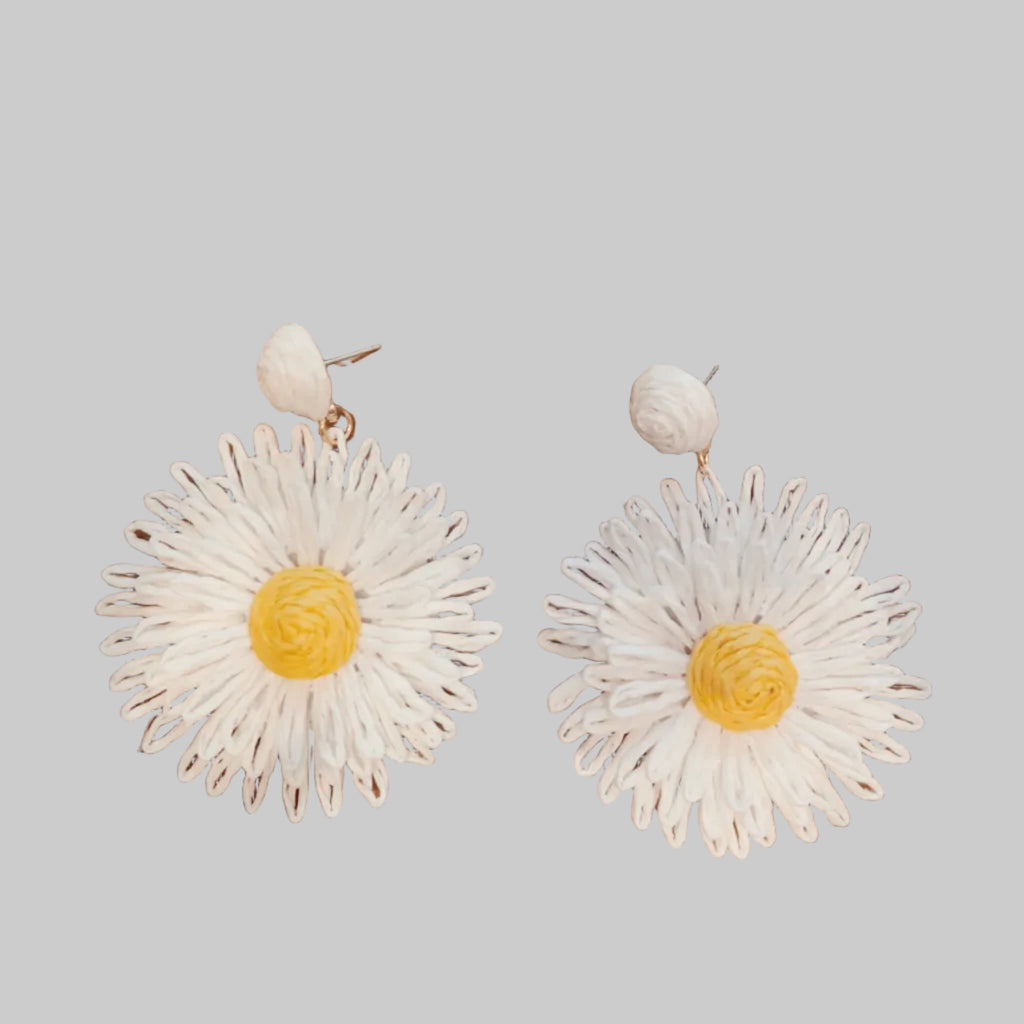 White daisy-shaped earrings on a wooden surface