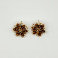 A pair of small gold-toned stud earrings with clustered brown and clear rhinestones, photographed on a plain light gray background.