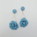 Pair of blue flower-shaped earrings on a white background