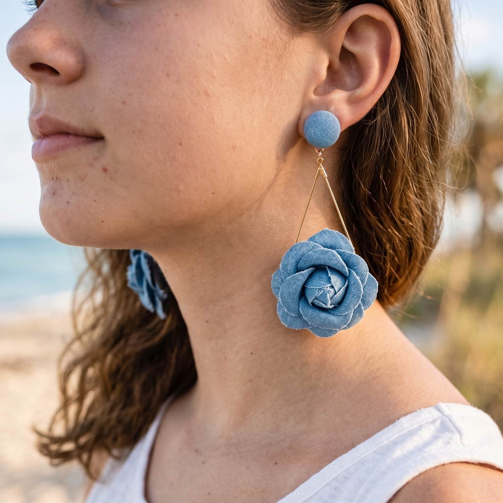Woman wearing blue flower earrings with a blurred beach background