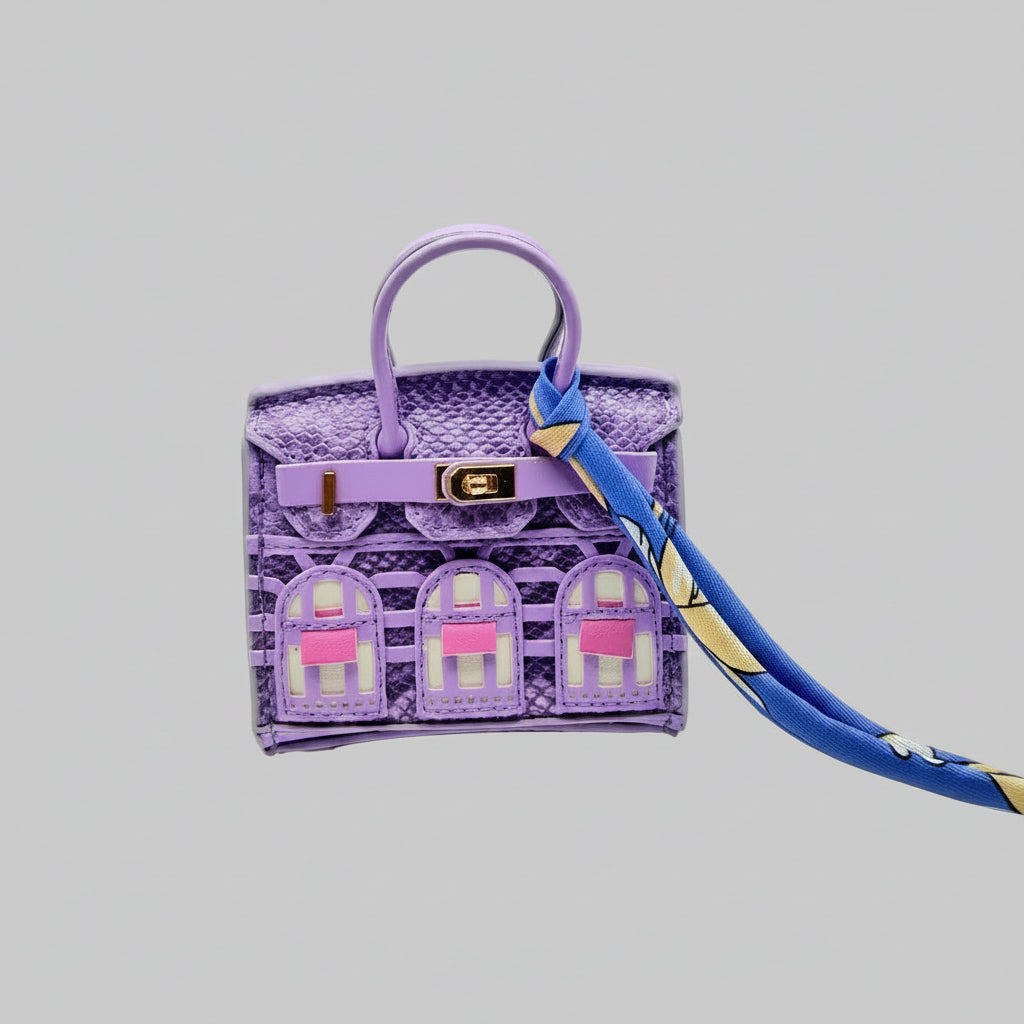 A small purple snakeskin mini handbag with gold-tone hardware and a blue patterned scarf-style shoulder strap, photographed on a light gray studio background.