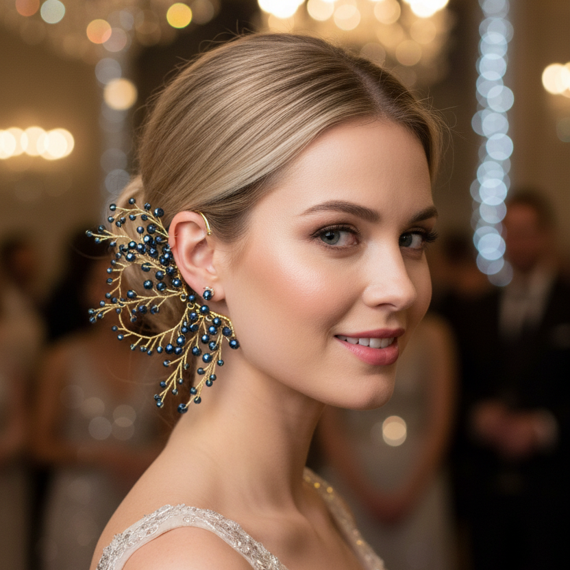 Blonde woman at a party with ear cuff worn along the ear