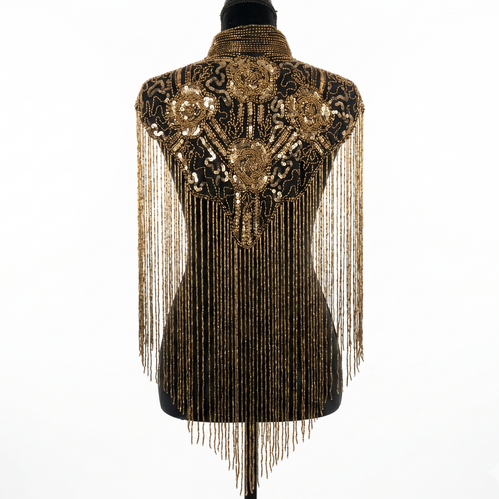 Decorative black and gold jacket with fringe on a mannequin against a white background