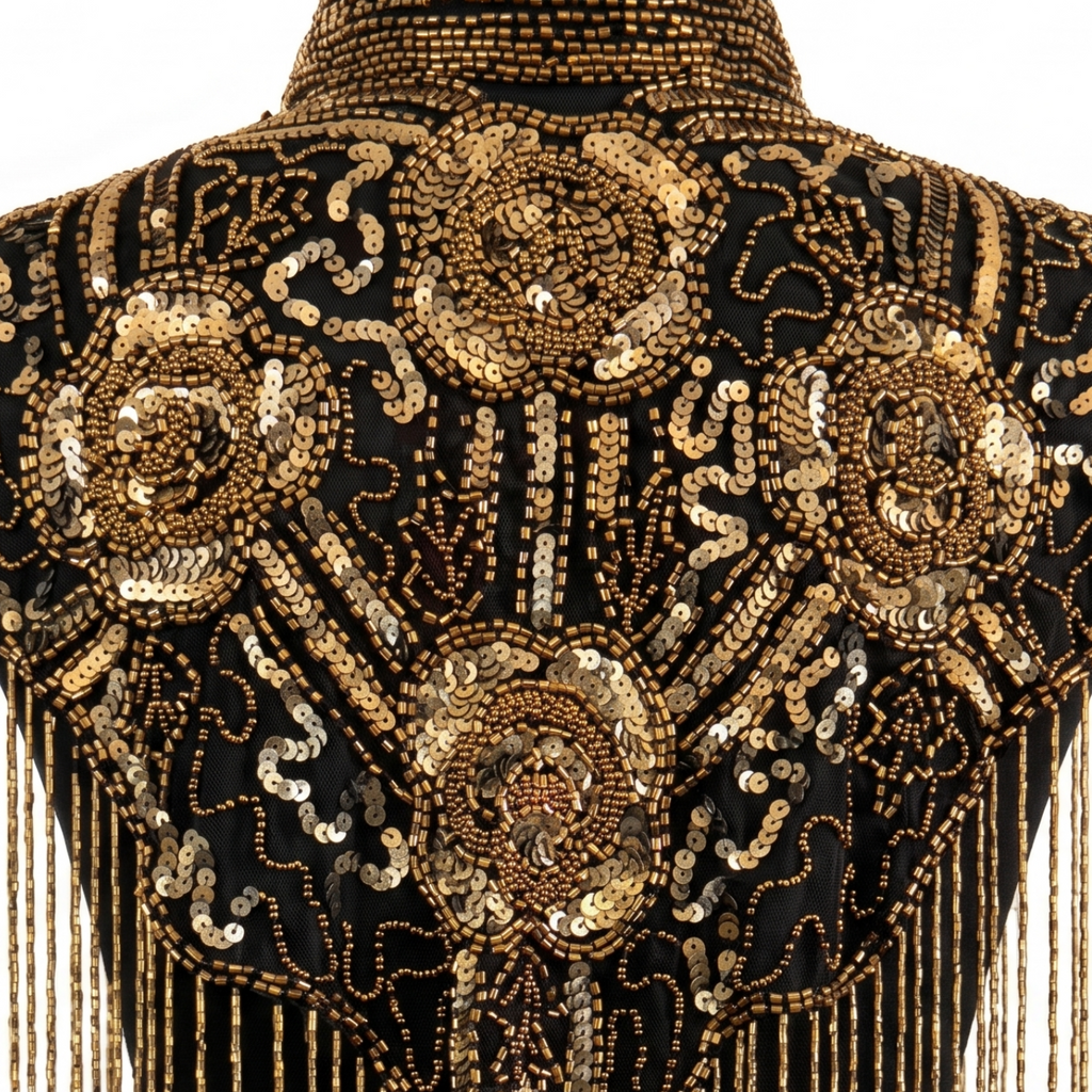 Decorative black and gold vest with fringe on a white background