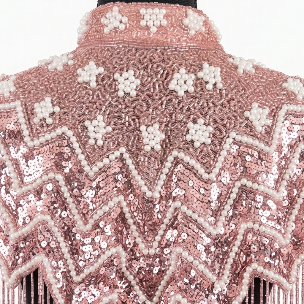 Pink sequin jacket with intricate patterns on a white background