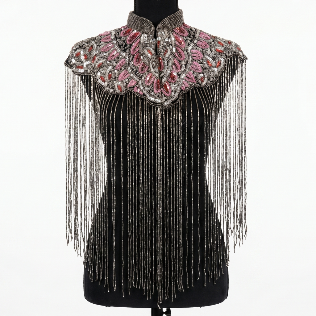 Decorative top with embellishments and fringes on a mannequin against a white background