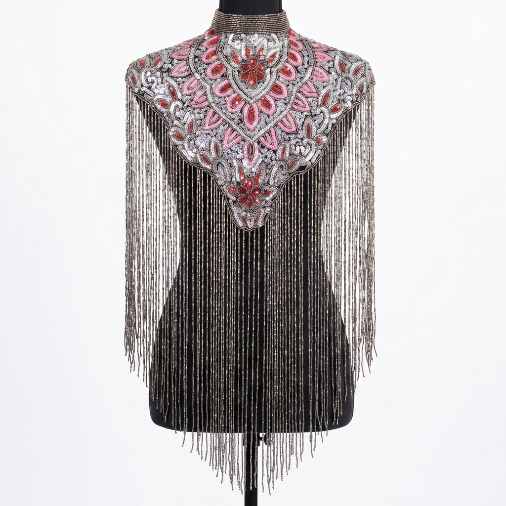 Decorative vest with fringe and embellishments on a mannequin against a white background