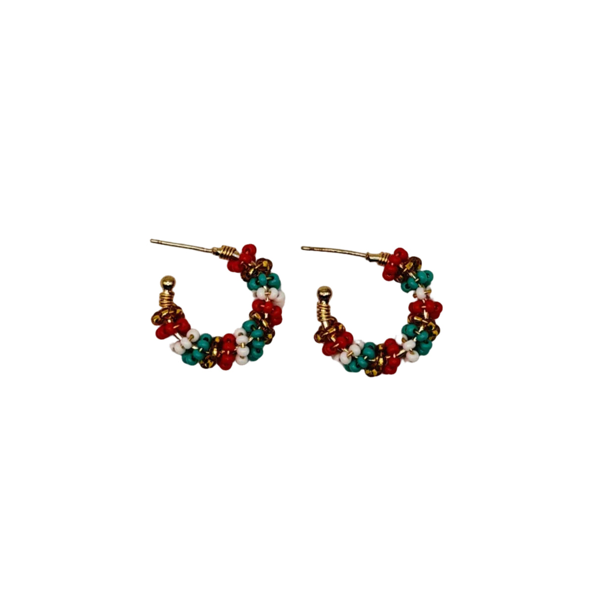 A pair of small beaded hoop earrings with red, teal, and white beads on a plain white background.