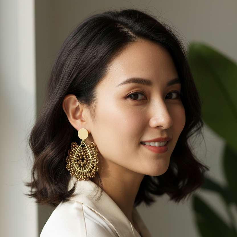 Model wearing gold hoop earrings