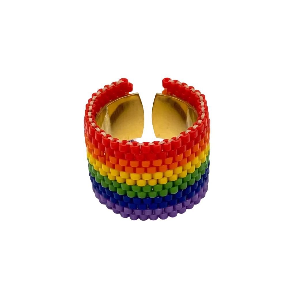 Rainbow beaded ring with gold band
