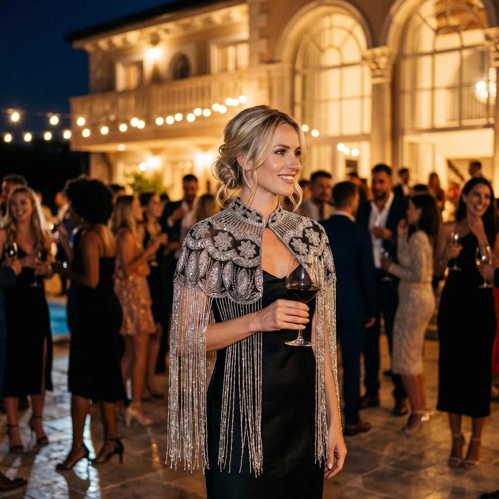 Beaded-Fringe Capelet - Silver