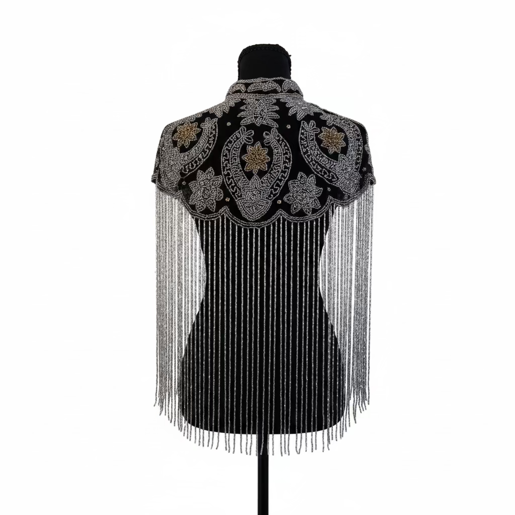 Black beaded top with silver fringe
