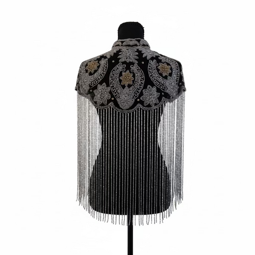 Black beaded top with silver fringe