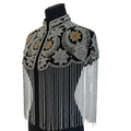 Black evening gown with silver and gold beadwork
