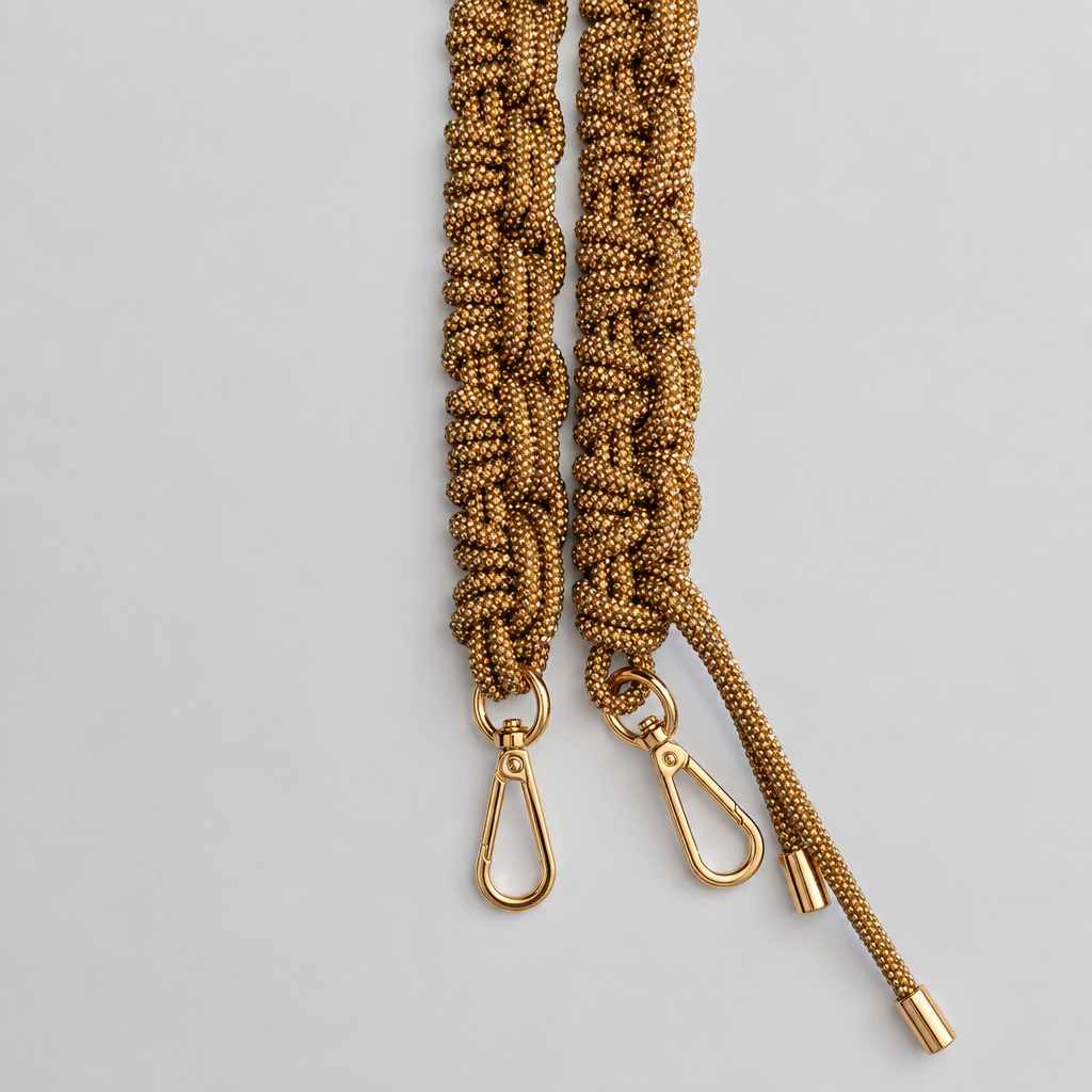 Two woven tan and black paracord strap protectors with gold-tone metal swivel clasp ends, laid flat on a light gray background.